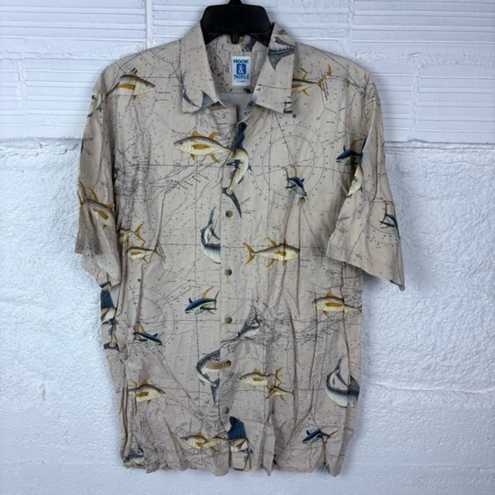 HOOK & TACKLE tan fishing map compass short sleeve collar shirt size XL